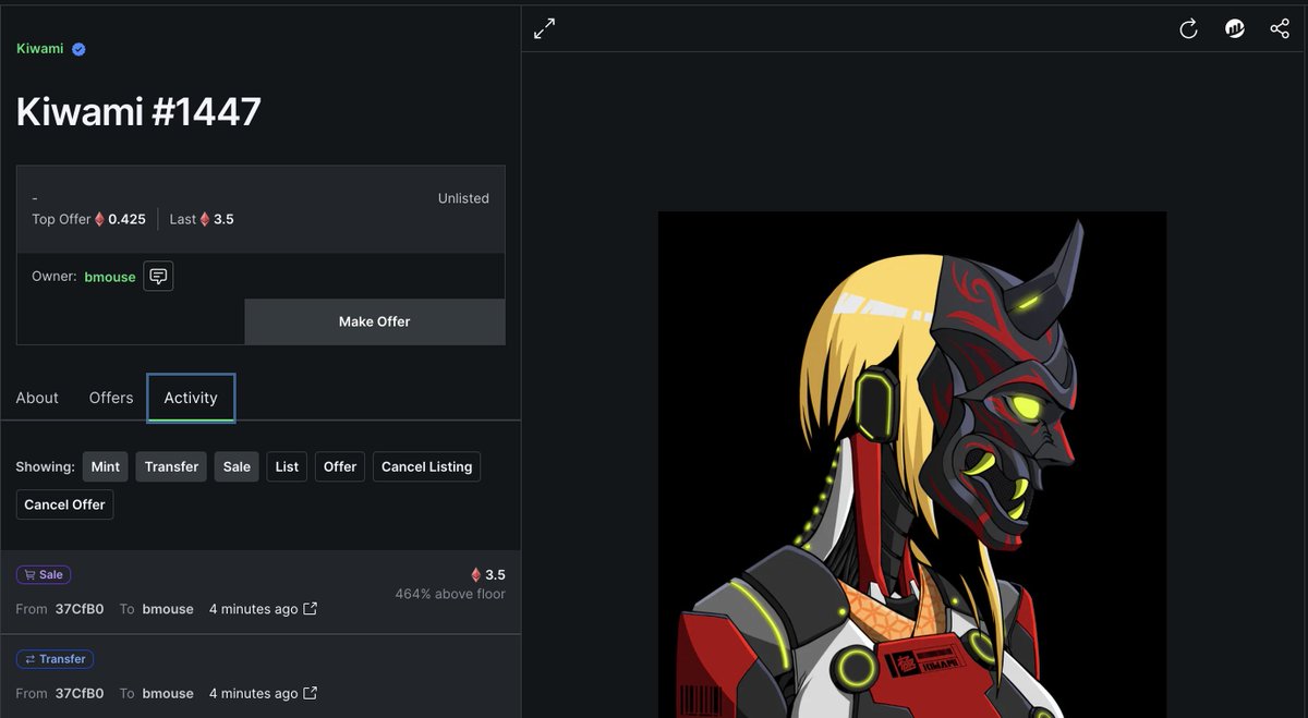 3.5 $ETH <a href="/KiwamiNFT/">Kiwami</a> Hanya mask sale!

💎looksrare.org/collections/0x…