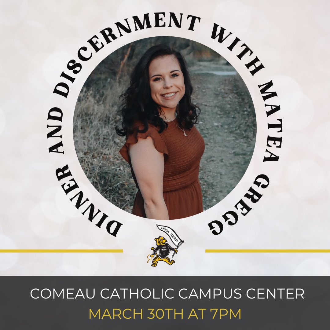 FHSUDisciples's tweet image. Join us tonight as FHSU alumni, Matea Gregg, is with us for dinner and discernment. Dinner starts at 7PM! Matea’s talk about what it has been like transitioning from college life to working for the Salina Diocese will start at 8PM! Bring a friend and #rolltiges