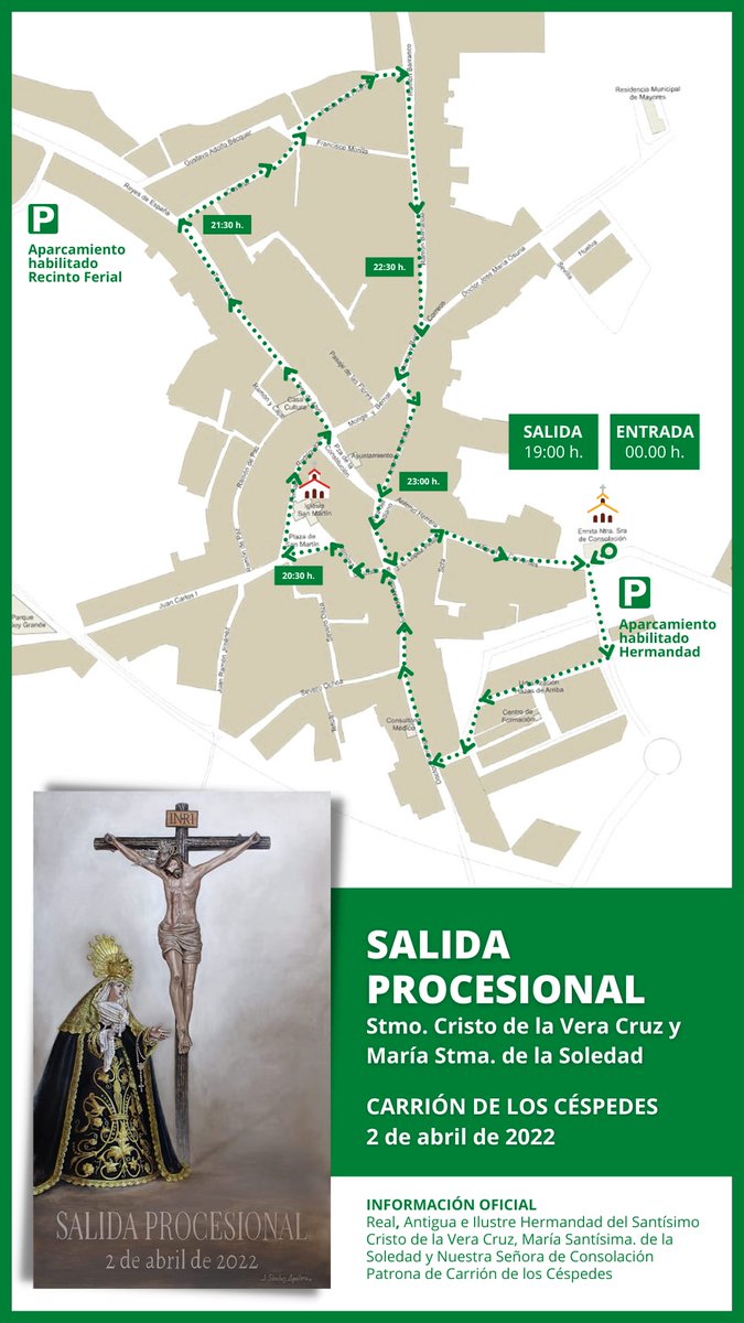 HdadConsolacion's tweet photo. 🟢  Cuenta atrás.
Recorrido oficial y horarios aproximados de la procesión del Santísimo Cristo de la Vera Cruz y María Santísima de la Soledad, que tendrá lugar el próximo sábado 2 de abril.
🟢 Acompaña @3Caidas_Triana 

#SantaVeraCruz #CarrionporsuPatrona https://t.co/gAx4ZJlBEV