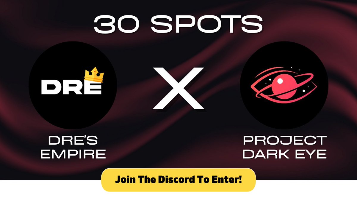 Dre (@dres_empire) on Twitter photo Dre's Empire x Project Dark Eye
<a href="/ProjectDarkEye/">Project Dark Eye (Free Mint Live)</a> have given us 30x wl spots to giveaway on our discord
How to enter:
1. Follow 
<a href="/ProjectDarkEye/">Project Dark Eye (Free Mint Live)</a>,<a href="/Dres_Empire/">Dre</a> and <a href="/jmcdoesnfts/">JMC</a>
2. Like, RT and Tag 3 friends
3. Join the discord: Discord.gg/dresempire
Ends in 24 hours!!! Dre's Empire x Project Dark Eye
<a href="/ProjectDarkEye/">Project Dark Eye (Free Mint Live)</a> have given us 30x wl spots to giveaway on our discord
How to enter:
1. Follow 
<a href="/ProjectDarkEye/">Project Dark Eye (Free Mint Live)</a>,<a href="/Dres_Empire/">Dre</a> and <a href="/jmcdoesnfts/">JMC</a>
2. Like, RT and Tag 3 friends
3. Join the discord: Discord.gg/dresempire
Ends in 24 hours!!!