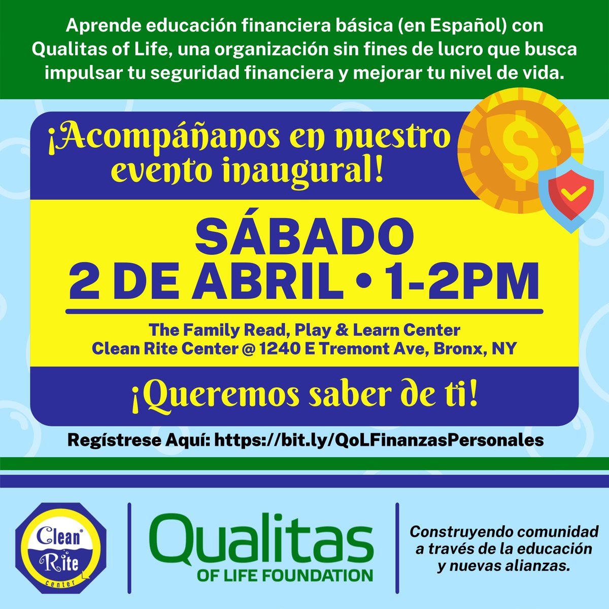 Aprende educaión financiera básica con <a href="/QualitasofLife/">Qualitas of Life Foundation</a>. Sabado, 2 De Abril 1-2 PM. Ven a las 12:45 para poner tu ropa en la lavadora. Regístrese Aquí bit.ly/QoLFinanzasPer…