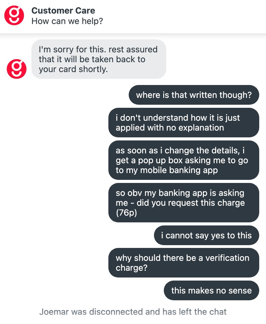 YogNC's tweet photo. @goustocooking losing another customer because of poor customer support. All I wanted to do was update my expired card details - you're charging me a mysterious 76p when I try to and all I have to do is "rest assured that it will be taken back [returned] to" me...? No, thanks. https://t.co/kwLlQk4rVg