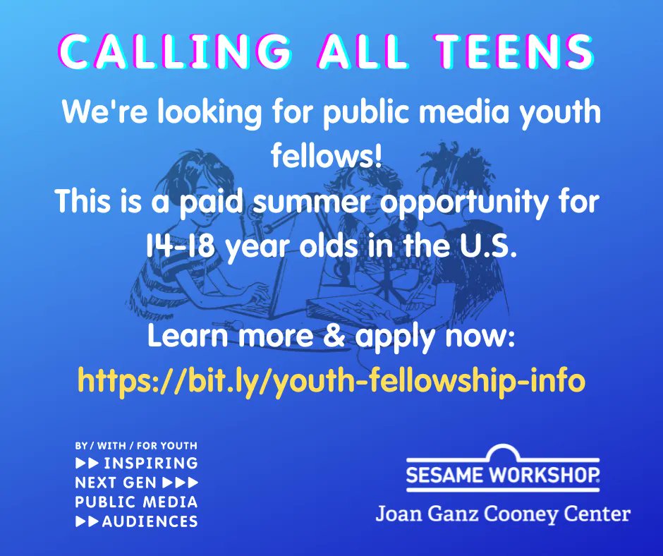 Joan Ganz Cooney Center (@cooneycenter) on Twitter photo Calling all teens! We're looking for #publicmedia #youth fellows! This is a paid opportunity for 14-18-year olds in the U.S. Please share with teens in your networks who may be interested - learn more and apply here: bit.ly/youth-fellowsh… Calling all teens! We're looking for #publicmedia #youth fellows! This is a paid opportunity for 14-18-year olds in the U.S. Please share with teens in your networks who may be interested - learn more and apply here: bit.ly/youth-fellowsh…