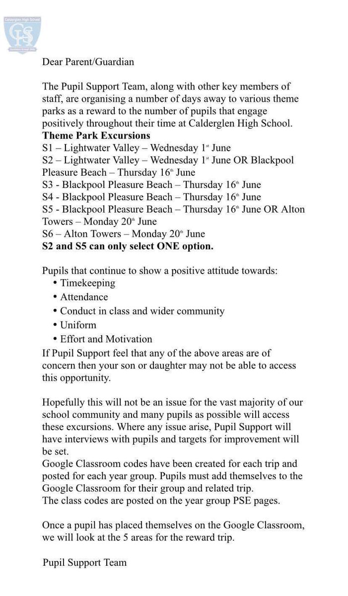 CglenHighSchool's tweet photo. Reward trip information has now been published via parent mail and posted on all year group PSE Google Classrooms for pupils interested in signing up for one of the trips. 
Allocation will be based on the 5 standards which were spoken about at house assemblies by Pupil Support. https://t.co/IlCi4EtX4N
