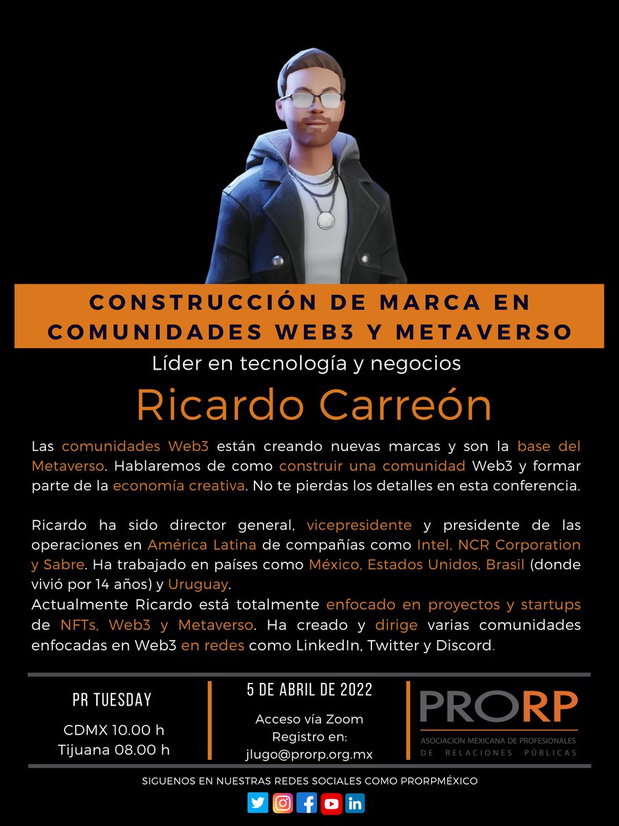 JavoLugo's tweet photo. Construcción de marcas en comunidades Web3 y Metaverso, será el tema del próximo #Prtuesday de
@PRORPMexico con la participación de @ricardocarreon
Registra tu acceso enviando correo a jlugo@prorp.org.mx https://t.co/Nafxa8l3yj