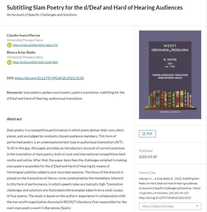 ClaudiaMacrea's tweet photo. 🆕 The article I wrote with @b_ariasbadia has already been published: Subtitling slam poetry for the d/Deaf and hard of hearing audiences: An account of specific challenges and solutions. 🎉😍Available at https://t.co/mrGAQgyYRp. I hope you like it! 😊 https://t.co/zv5Wfc8daR