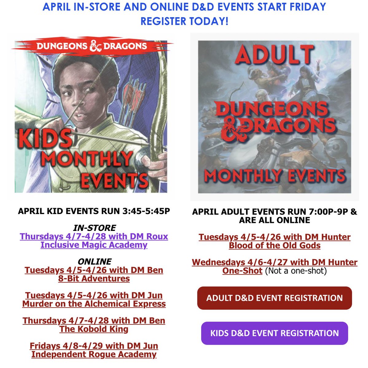 It's our Weekly Newsletter!
Highlights:
• We're hiring
• April's Kid &amp; Adult D&amp;D start soon- Register Now!
• MtG Game Day on Sat
• New Comics, Games, &amp; Pops
• Preorder MtG Streets of Capenna
• Preorders

tinyurl.com/4tb4ac35

#lcs #comicbooks #newcomics #tabletopgames
