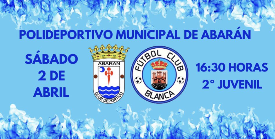 ⚽️ 22ª Jornada⚽️
🏟Polideportivo Municipal de Abarán🏟
📅 Sábado, 2 de Abril 📅
⌚️16:30⌚️
⚔️ <a href="/CDAbaran/">Club Deportivo Abarán</a> ⚔️

#vamosblanca #2juvenil #ffrm #futbol