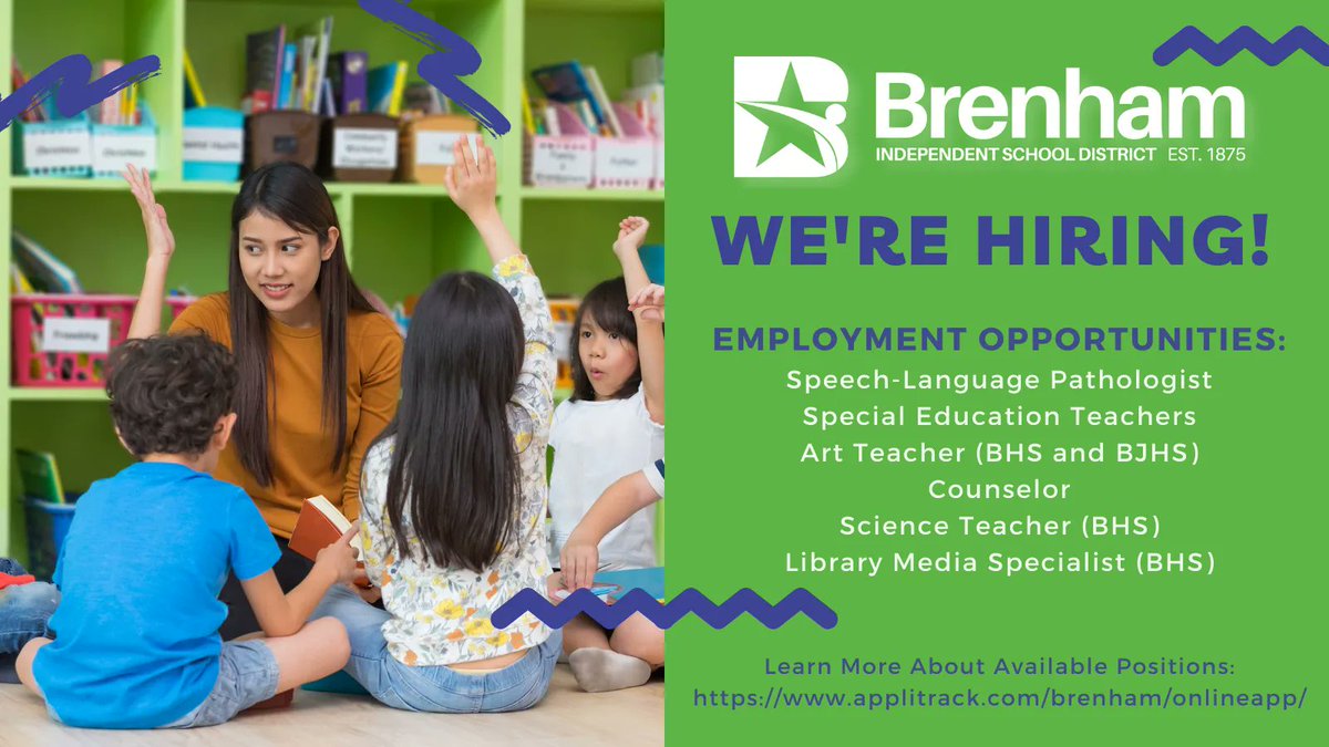 BrenhamISDHR's tweet image. We're hiring! Check out our vacancies at buff.ly/3dTyjoZ. #IChooseBrenham #ExcellenceForALL @BrenhamISD