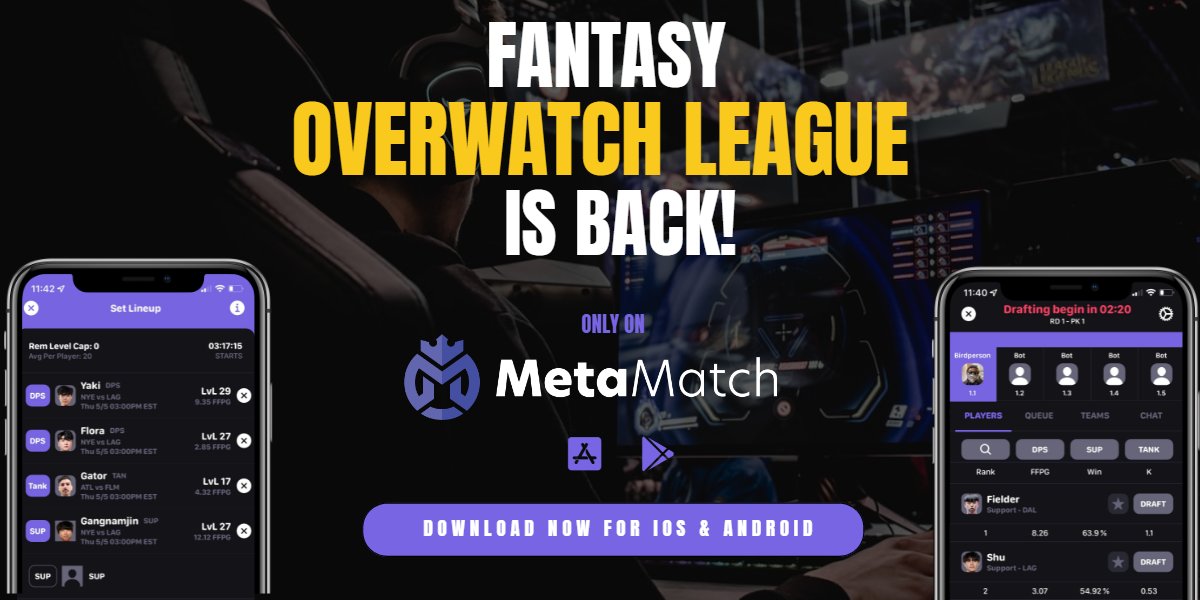 MetaMatchGG's tweet image. Super excited to announce the return of Fantasy @overwatchleague on our new app MetaMatch! Available on IOS &amp;amp; Android! Download &amp;amp; Draft now at MetaMatch.app #OWL2022 #eSports