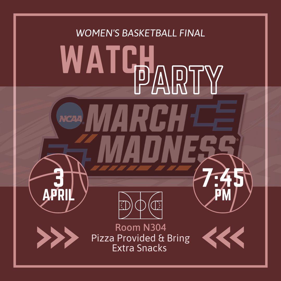 WISMUMASS's tweet photo. The March Madness final is this Sunday and we are throwing a watch party! We will be providing some pizza and make sure to bring extra snacks for yourself. Feel free to wear comfy clothes or rep UMass Women’s Basketball if you’re like us and made a bracket of them winning it all. https://t.co/ofqnDPWV6z