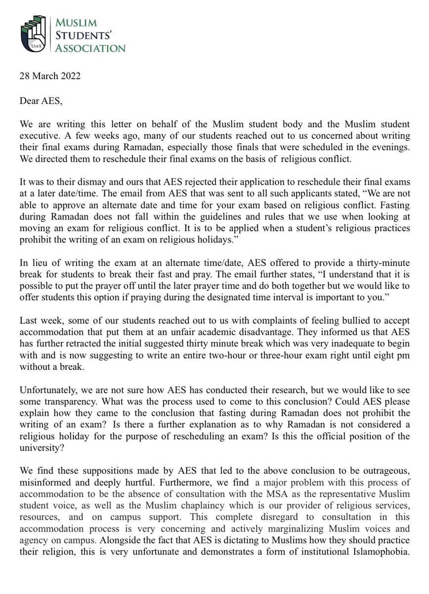 uofsmsa's tweet image. Muslim students @usask have been denied adequate religious accommodations for the holy month of Ramadan which is one of the 5 pillars of Islam. We have voiced our disappointment &amp;amp; concern with @usask_AES and their attempts to dictate to Muslims how we should practise our religion