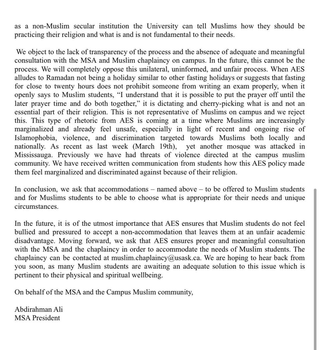 uofsmsa's tweet image. Muslim students @usask have been denied adequate religious accommodations for the holy month of Ramadan which is one of the 5 pillars of Islam. We have voiced our disappointment &amp;amp; concern with @usask_AES and their attempts to dictate to Muslims how we should practise our religion