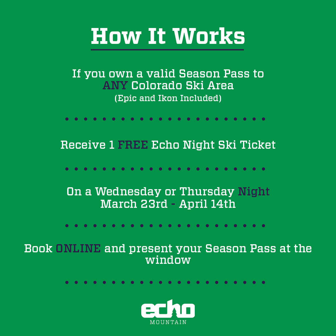 echomtnco's tweet photo. Choosing where you ski and snowboard in Colorado can feel like a really big commitment.

We’re offering a more commitment-free option to get you on snow one night this Spring for FREE! Think of us as your “Friend with (Season Pass) Benefits.” https://t.co/dvxGIYQOs0