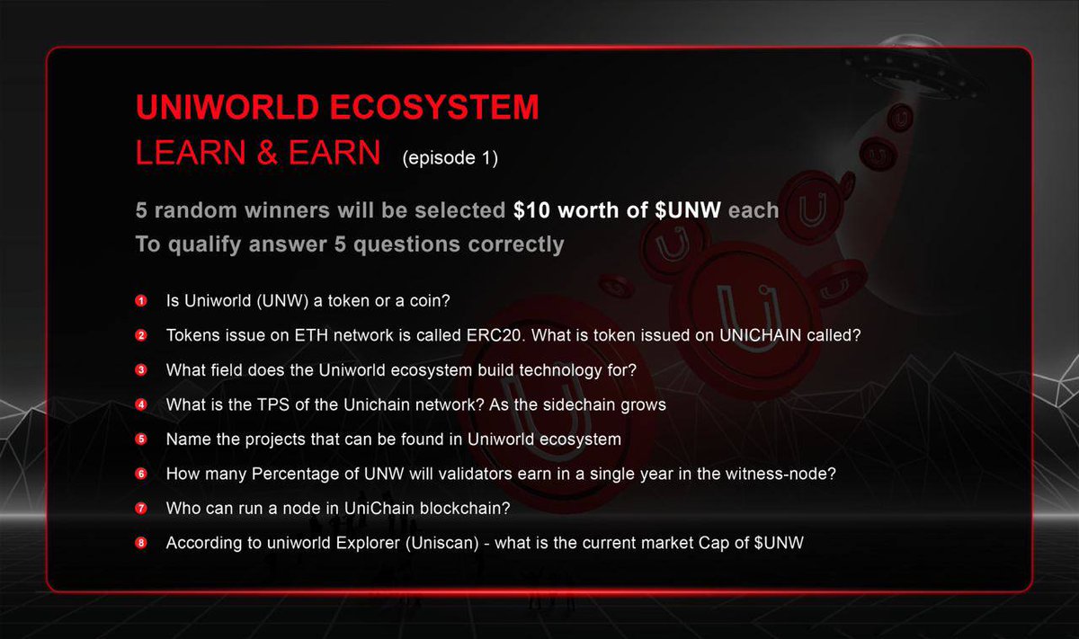 📣 $UNW community Announcement

Uniworld Learn and Earn Episode1 🎉
This will run from now till 6th, April. We are already preparing the Next episode 

🎁5 winners will emerge
Each wining $10 $UNW 📣

Research the question in picture, use link to Answer 

t.me/Uniworldlearna…