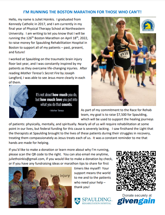 KennedyGaels's tweet image. Juliet Hoinkis &apos;17 needs your help to help those in need! On April 18, Juliet will run the 126th Boston Marathon to raise money for Spaulding Rehabilitation Hospital. Read more about Juliet&apos;s mission or contribute:

givengain.com/ap/juliet-hoin…