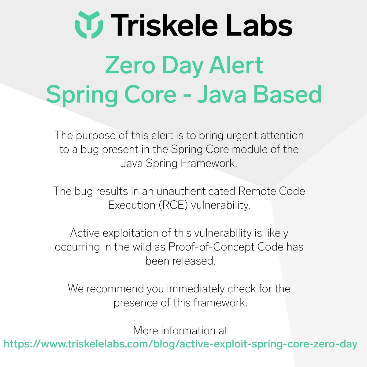 A new #0day has been identified in the #java #spring #core framework that is being actively exploited with a #poc Organisations must take immediate action. More details at readmore.triskelelabs.com/spring-core-0-… #cyber #cybersecurity #zeroday