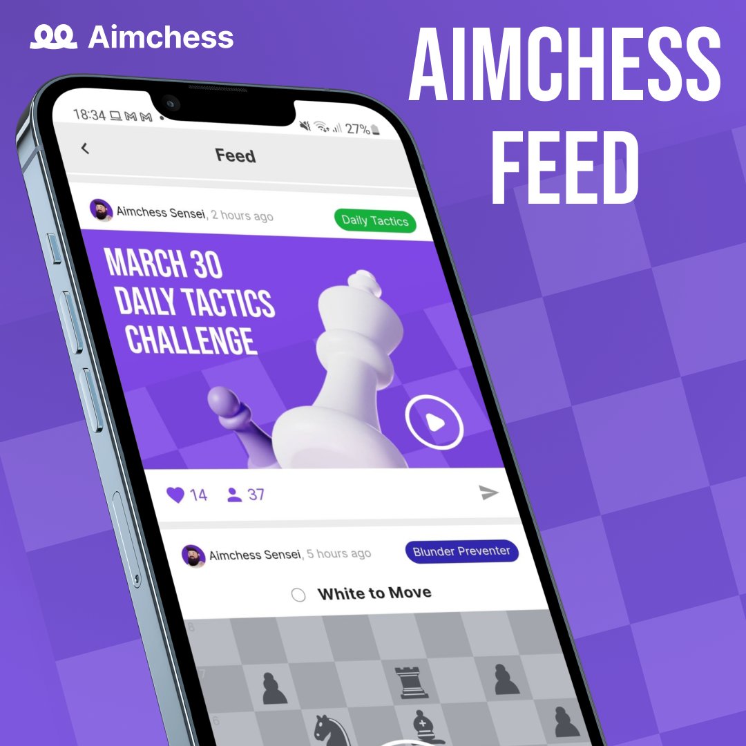 Aimchessdotcom's tweet photo. Have you tried the new Aimchess Feed?
Join daily tactics challenges with community leaderboards, and get a regular dose of fresh chess puzzles, challenges and content direct to your Aimchess app!
#aimchess #chess https://t.co/G3zbBOLVqP