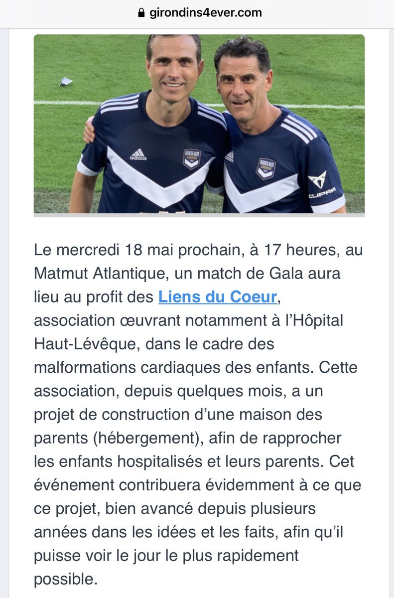 Un match de gala avec les anciens @girondins au Matmut en mai, en faveur @Lesliensducoeur Relayez pour les enfants opérés du cœur au @CHUBordeaux un grand 🙏@Girondins4ever @sylviedoux @jbthambo @yannbubien @sfazileblanc @GuillaumeRafael @Pascal_Amedro @julie_thomas_33