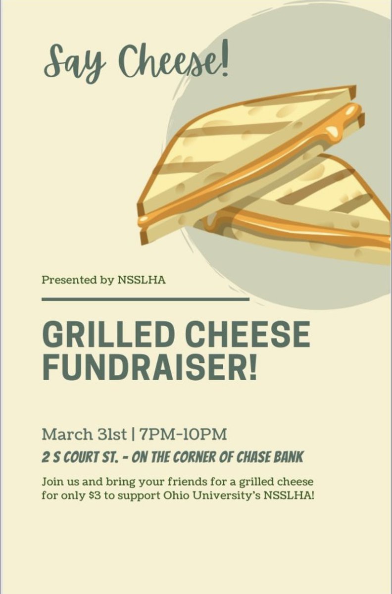 OHIO_HSLS's tweet photo. Lots of wonderful events happening this week! Go support @OU_NSSLHA and enjoy some grilled cheese for dinner up on Court Street at the corner of Chase bank tomorrow March 31st from 7-10PM. https://t.co/wHiRYa7ohz