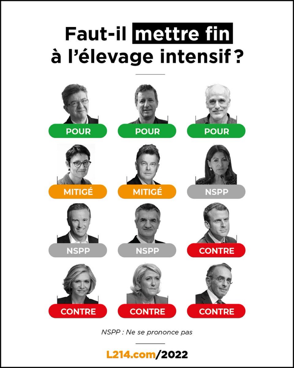 2022Elections's tweet photo. Faut-il mettre fin à l'élevage intensif ? 

Réponses des candidat(e)s à l'élection présidentielle (@L214) ⤵️ https://t.co/3Cvm6TlAcI