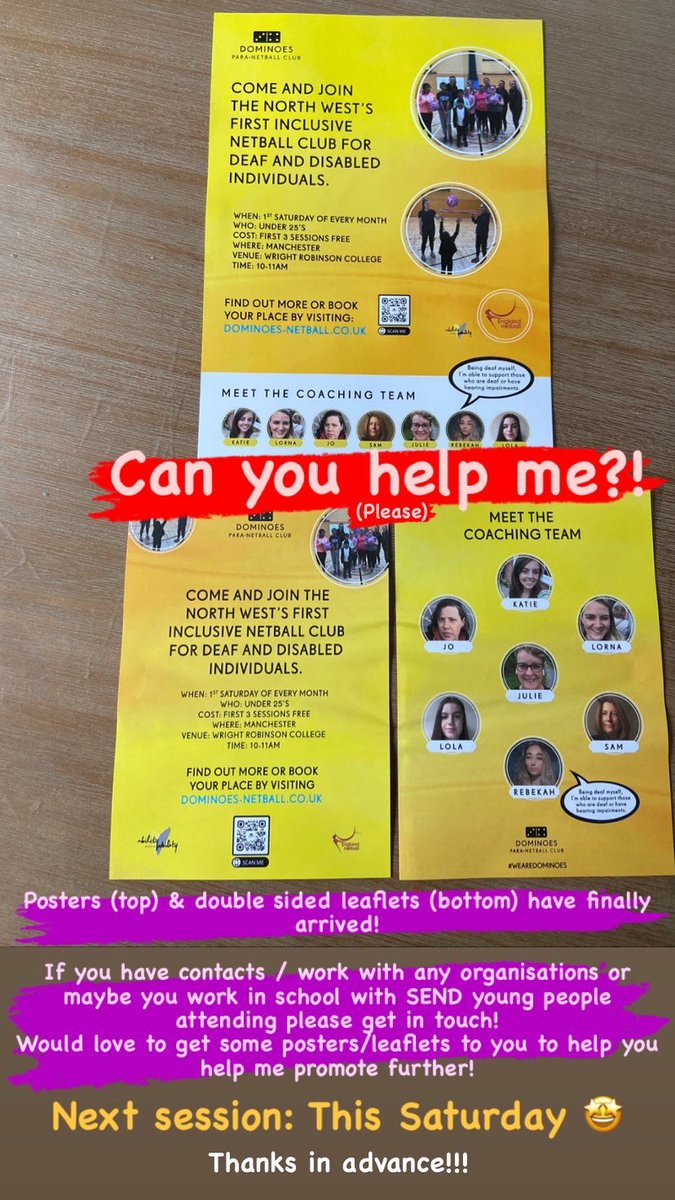 Pls RT🙏🏼
<a href="/DominoesNC/">Dominoes Netball Club</a> #Paranetball is back this Saturday at <a href="/WrightRobinson/">WrightRobinson</a> in Manchester! 
Please get in touch if you can help me promote our inclusive session further!
Happy to email you a poster or even get physical posters/leaflets (as per picture) to you! Please DM 🤩
TIA!