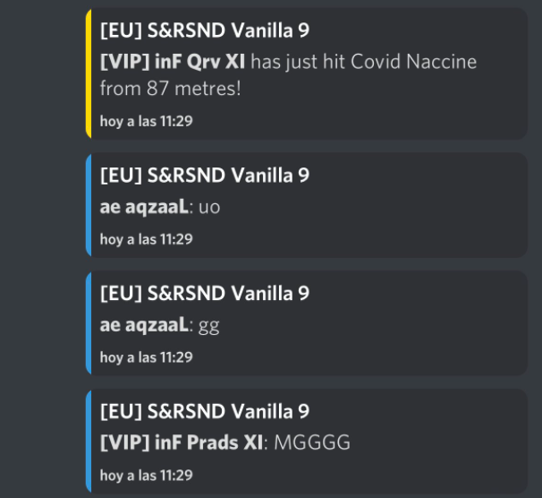 Hola 👋 
It's been a year since I discovered <a href="/SnRServers/">S&R Servers</a> and never looked back

<a href="/inFWarfare/">inF</a> <a href="/ElevenAmbitions/">Eleven</a> <a href="/5JsTeam/">5Js</a>