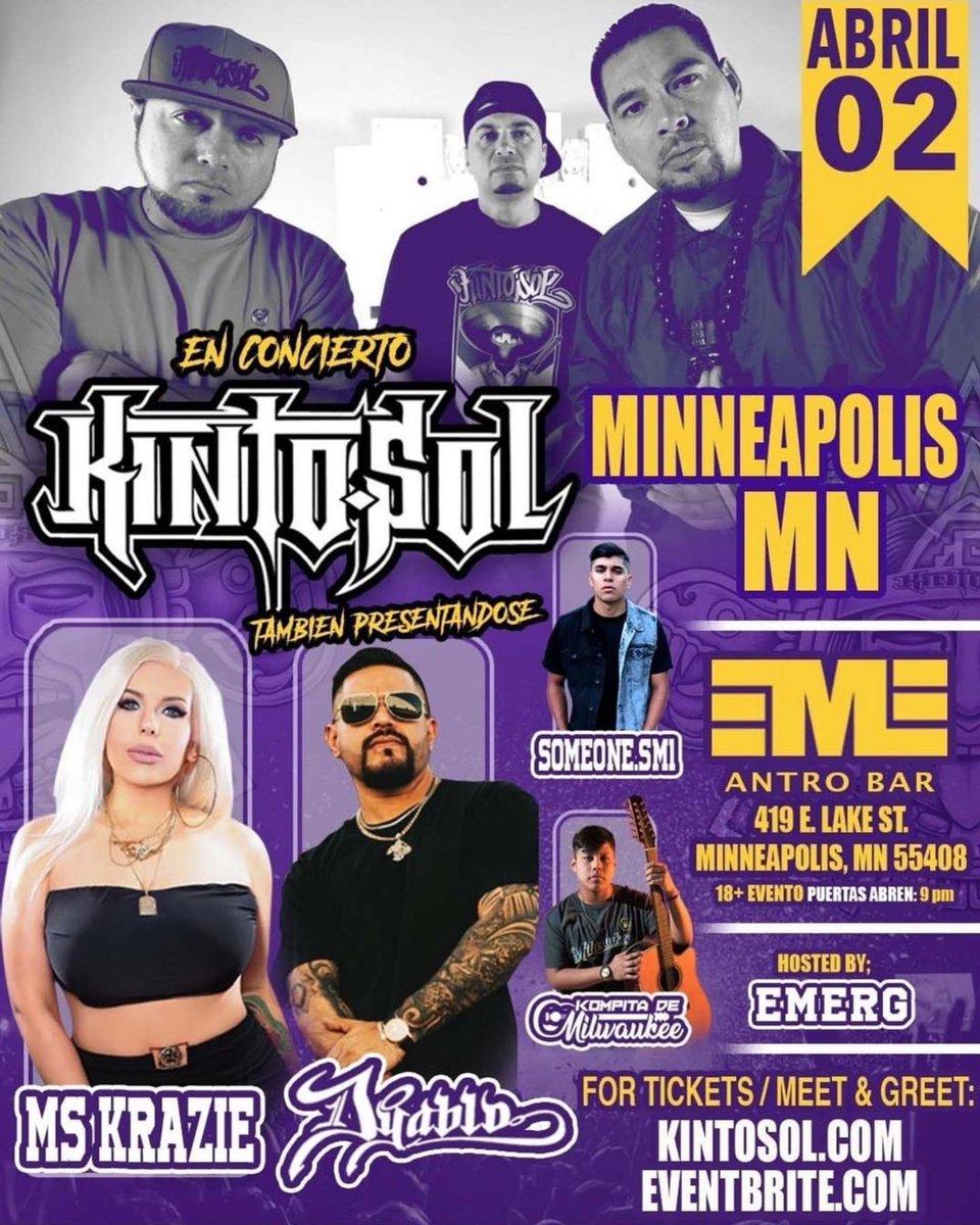 kintosol's tweet photo. Minneapolis, MN🔥 This Saturday!
Tickets: https://t.co/yopFRcHJgE & https://t.co/smXVjj5On7
#minneapolis #mn #concert #hiphop #corridos #rap #kintosol #mskrazie #dyablo #someone #mikeyelkompita https://t.co/cdm4CmAoIM