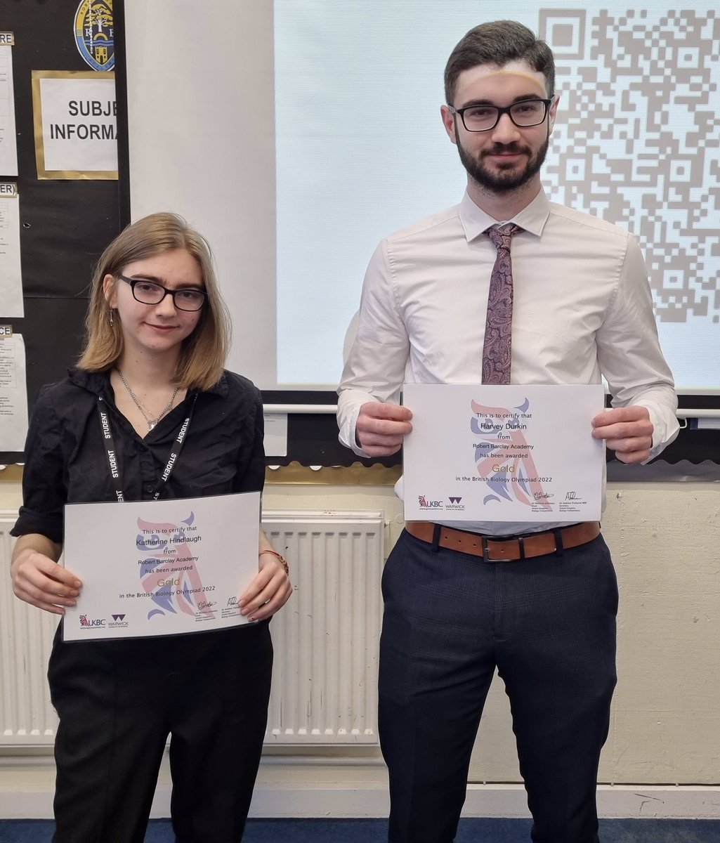 Many congratulations to Harvey and Katherine in Year 13 for achieving their Gold awards in the British Biology Olympiad. Their results put them in the top 5% of all students nationally that competed! <a href="/UKBioComps/">UK Biology Competitions</a>