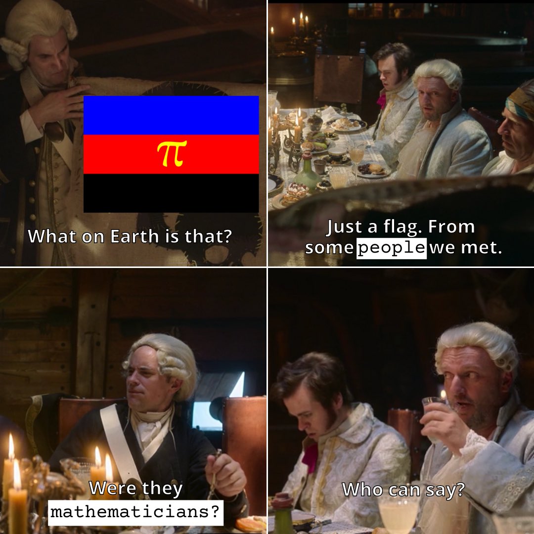 polyamproud's tweet photo. we couldn't help but notice a couple scenes in "our flag means death" that hit kind of close to home 🤣🤣

if you're unsure whether to watch—we checked it out for the queer pirates and were not disappointed.

#polyamory #polyamorousflag https://t.co/RG8jBlRhXa