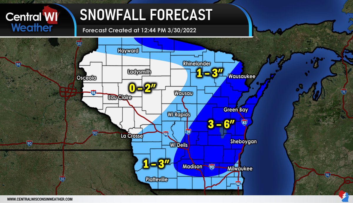 WisconsinWx's tweet photo. Here is your updated snowfall forecast for this tonight and Thursday morning across Wisconsin. There has been a notable shift eastwards in some of the models, but there is still some uncertainty in the placement of the heaviest band of snow. #wiwx https://t.co/tuXWcZLd7S