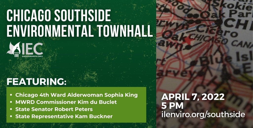 Join us April 7 at 5 PM CST for a Chicago Southside Environmental Townhall featuring southside elected officials! Register here! ➡️ bit.ly/3wszCph
 
Alderwoman <a href="/King4thWard/">Alderman Sophia King</a>
MWRD Commissioner <a href="/Kim4Water/">Kimberly Neely du Buclet</a>
State Senator @robertjpeteres
State Rep. <a href="/RepKamBuckner/">Rep.Kam Buckner ✶ ✶ ✶ ✶</a>
