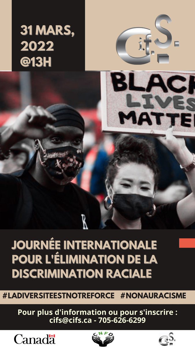 CIFS01's tweet photo. Dans le cadre de la Journée internationale pour l'élimination de la discrimination raciale @CIFS01  organise un atelier de sensibilisation, pour vous inscrire appeler 705-626-6299 ou envoyer un courriel à cifs@cifs.ca #LaDiversiteEstNotreForce   #NonAuRacisme https://t.co/YwH9w3UmSX