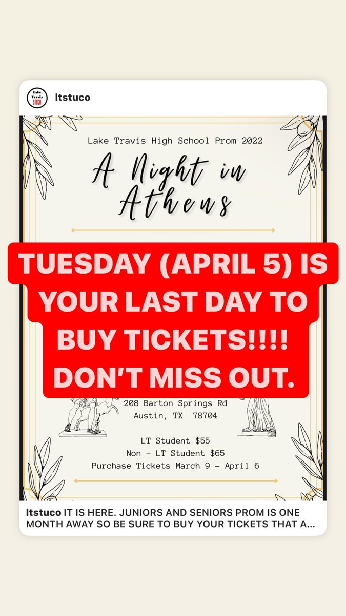 DON’T WAIT TO BUY YOUR TICKETS. APRIL 5 IS THE LAST DAY. secure.payk12.com/school/Lake-Tr…