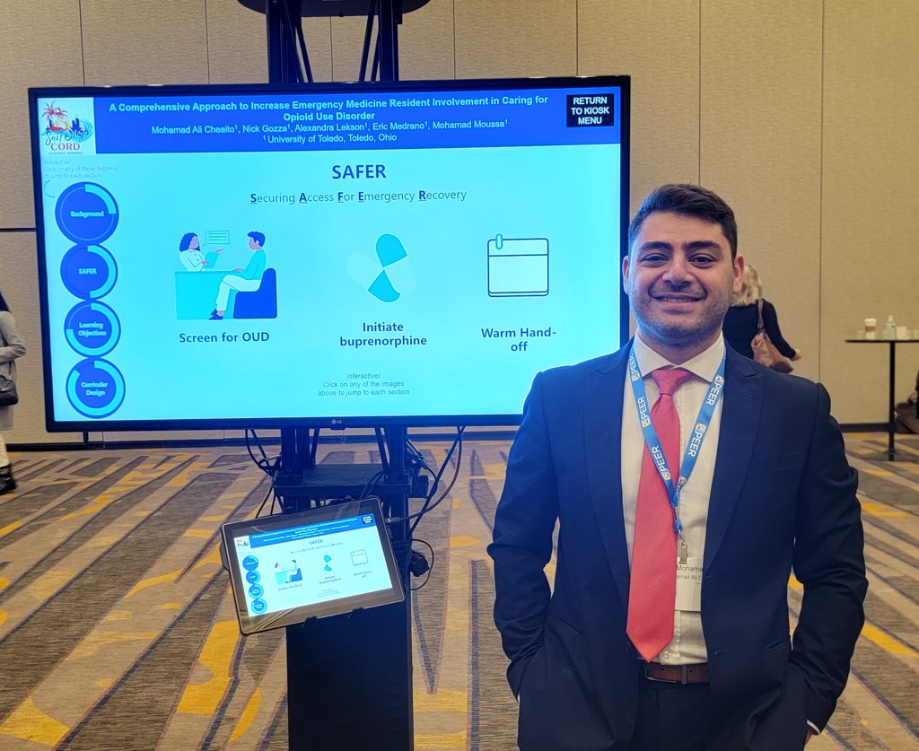 UToledoEM's tweet photo. Our very own PGY1 @MohamadAliChea1 presented @CORD_EM on a comprehensive approach to increase our EM residents' involvement in the management of #opioid use disorder in the ED! Amazing work 👏
#CORDAA22 #MedEd #EMbound https://t.co/FOAhcavOQs