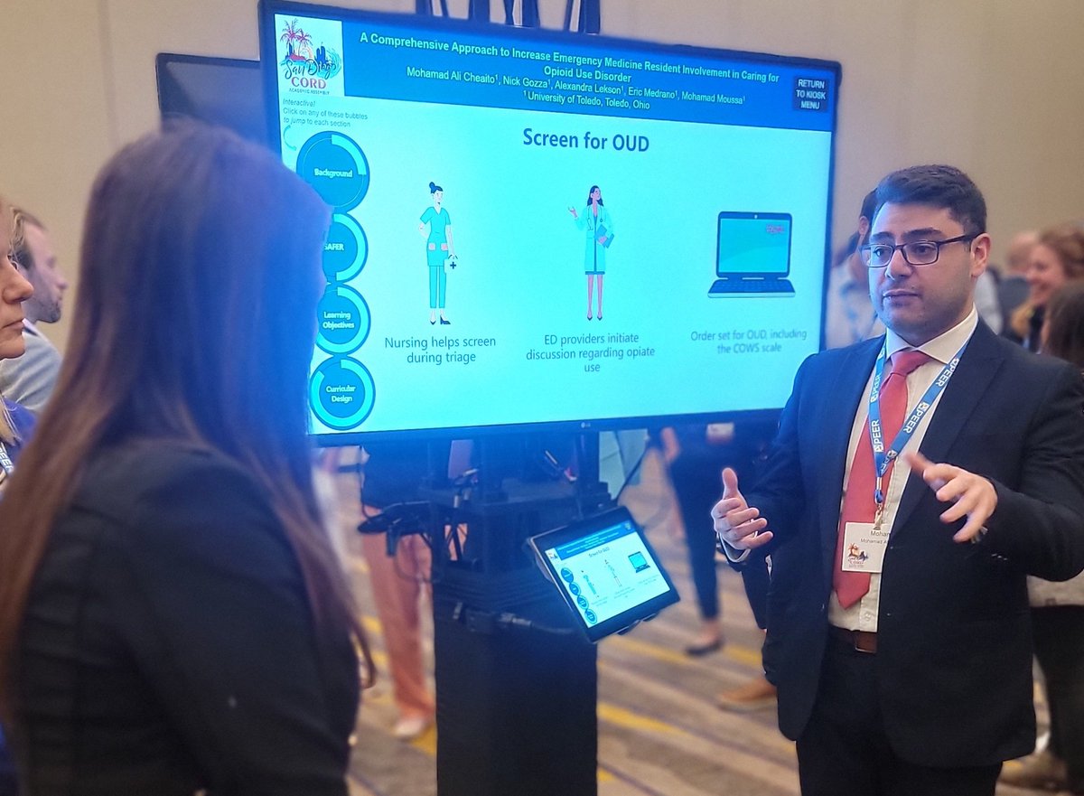 UToledoEM's tweet photo. Our very own PGY1 @MohamadAliChea1 presented @CORD_EM on a comprehensive approach to increase our EM residents' involvement in the management of #opioid use disorder in the ED! Amazing work 👏
#CORDAA22 #MedEd #EMbound https://t.co/FOAhcavOQs