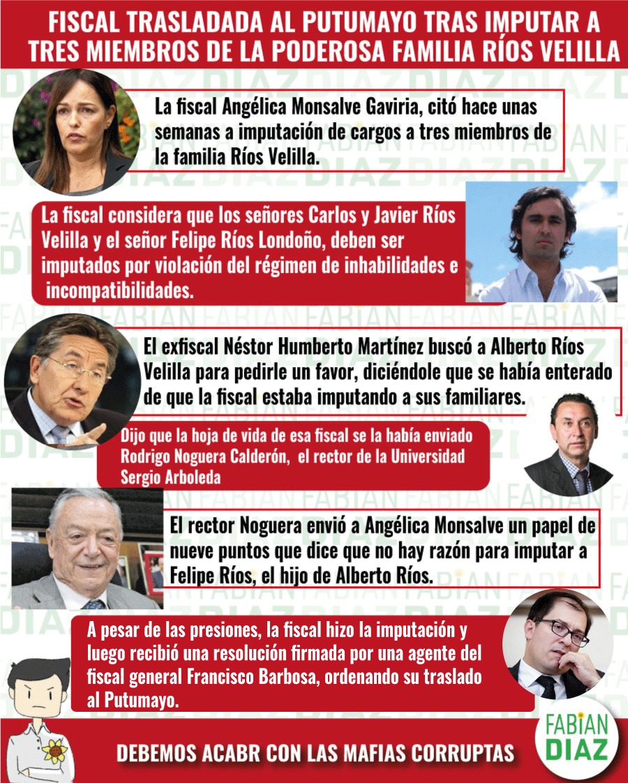 FabianDiazPlata's tweet photo. #INAUDITO
La Fiscalía en cabeza del Fiscal Barbosa (amigo íntimo de #Duque) Trasladó al Putumayo a la Fiscal Angélica Monsalve luego de que la Fiscal #IMPUTARA a la familia Ríos Velilla por caso de #Corrupción en #Bogotá. https://t.co/nTzoMJpxzw