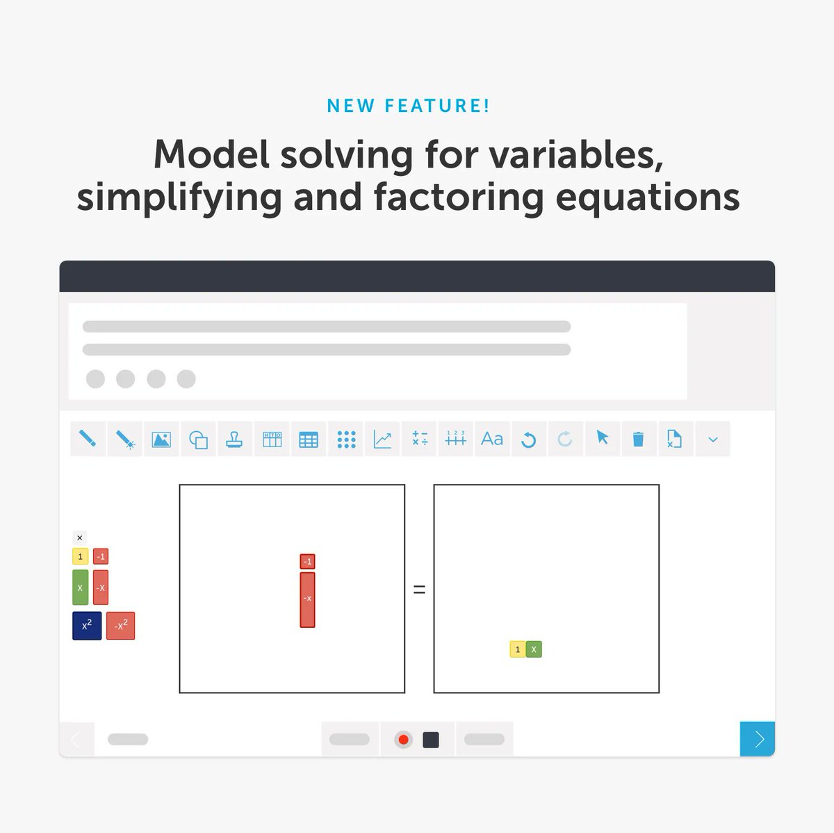 New feature alert 📣📣📣 With the new algebra bar, you can model ✔️Simplifying expressions ✔️Factoring ✔️Substitution ✔️Distributive property ✔️Integer rules ✔️Operations with polynomials ✔️Completing the square #makemathsocial #iteachmath #algebrabar