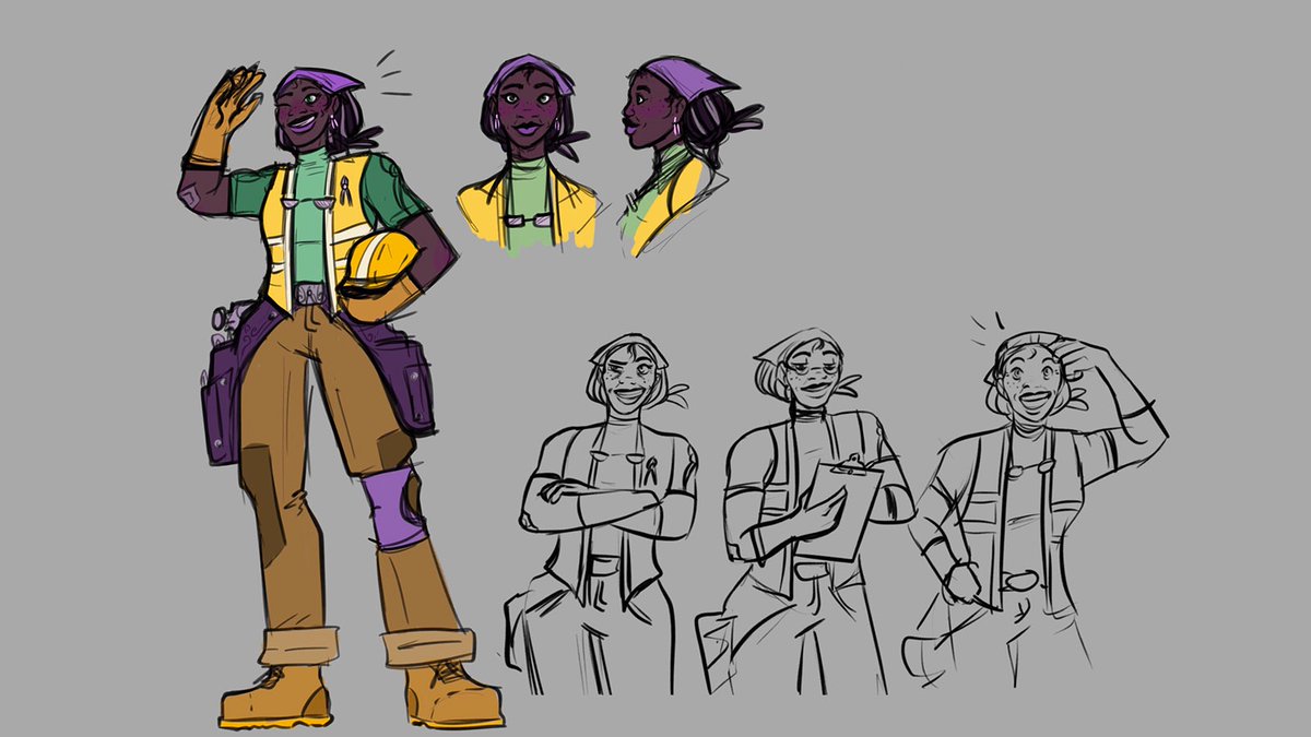 Concept artist Kimberly has finished the line drawing and the color/shading block on another diverse neighborhood of Tool City. Character artist Saga has brought Jean to life in her line-drawing and sketches of various poses.

 #diy #lowes #homedepot #indiegame #home #diygames