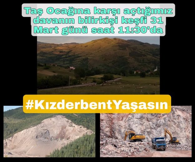 Köyümüzde insan sağlığına, ormana, yaban hayatına, hayvancılığa ve tarıma büyük zarar verecek taş ocağı projesinden vazgeçilmesini istiyoruz. Yalova’ya yapılacak barajlar için mevcut ocaklardan taş alınsın #KızderbentYaşasın