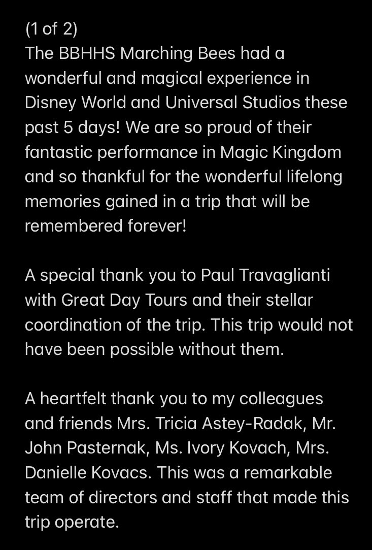 BBHHSBand's tweet photo. As we return from an amazing 5 days in Orlando I wanted to thank EVERYONE that made this trip a reality. Students - Thank you for the laughs and memories to last a lifetime:) @mrsasteyradak @MrPasternakBand Ivory Kovach, Danielle Kovacs, Paul Travaglianti https://t.co/56OQe7nIs8