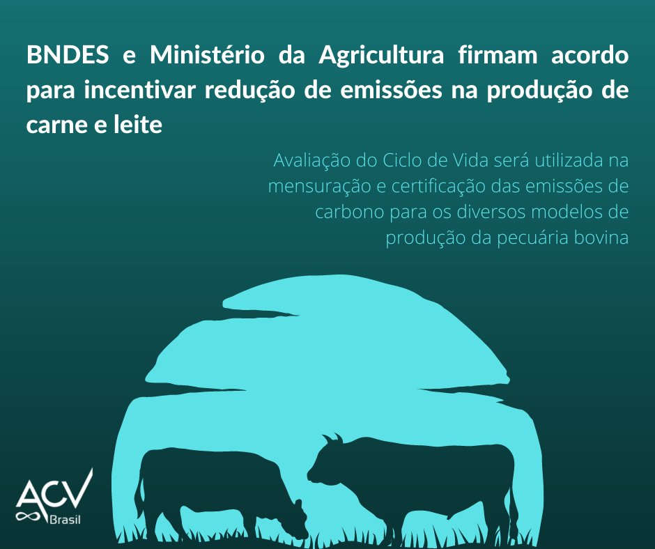 Avaliação do Ciclo de Vida será aplicada em acordo firmado entre BNDES e Ministério da Agricultura para incentivar redução de emissões de GEE na produção de carne e leite. Acesse a notícia completa em shorturl.me/eqXk #baixocarbono #ACV #sustentabilidade
