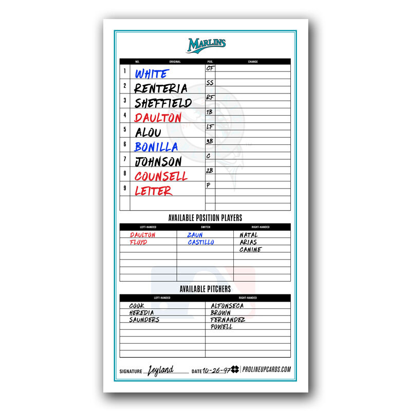 prolineupcards's tweet photo. Here is the Lineup Card from Game 7 of the 1997 World Series for the Florida Marlins. Gotta love that teal! #WorldSeriesWednesday
https://t.co/n50VzOBugg https://t.co/fUmK9hBcWB