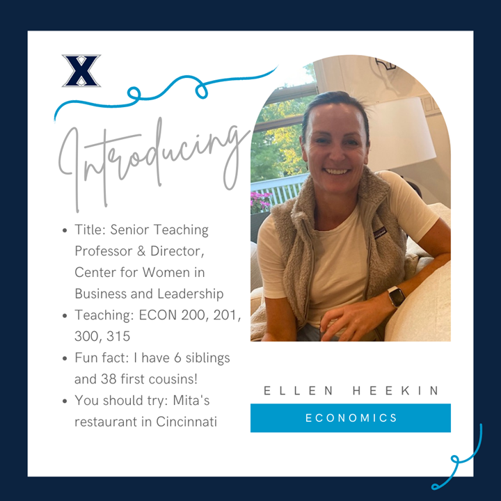 XavierEconomics's tweet photo. Introducing Ellen Heekin! Ellen does so much for our Department and University. She is also involved in Xavier University's Center for Women in Business and Leadership! 
#xavieruniversity #XUEconFaculty https://t.co/nke8REg1HJ