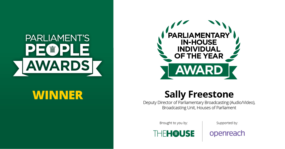TheHouseMag's tweet photo. Congratulations @sallyfreestone for winning the #ParliPeopleAwards In-House Individual of the Year Award 👏 https://t.co/A0uB10M8vk