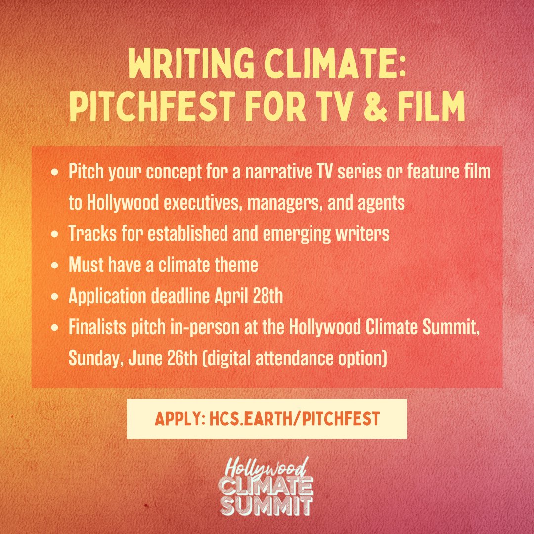 YEAimpact's tweet photo. Do you have an idea for a climate-related TV show or film? Introducing Writing Climate: Pitchfest for TV and Film! Learn more and apply at https://t.co/DYUCKgNwAR

#WritingClimatePitchfest #HollywoodClimateSummit #climatestorytelling #writingcompetition #pitch #filmfreeway https://t.co/u00EVoIsTN