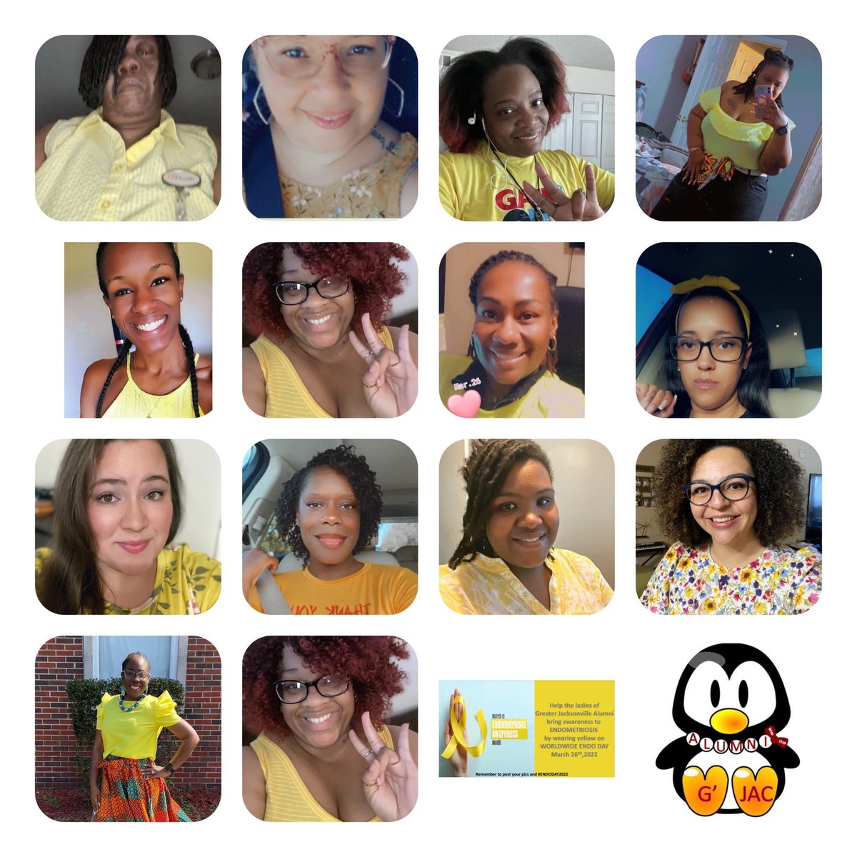 GJAC1952's tweet photo. Greater Jacksonville &amp; Friends are bringing awareness to endometriosis by wearing yellow!!

#GSSBANNERSERVICE
#GSSSERVICESATURDAY
#GJAC1952
#SISTERHOOD
#WomensHistoryMonth
#gammasigmasigma https://t.co/k2qDawuuim