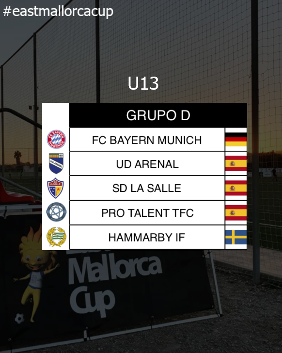 Grupos #eastmallorcacup 2022

Categoría U13 Grupo D (Porto Cristo):
<a href="/FCBayern/">FC Bayern München</a>  <a href="/fcbayerncampus/">FC Bayern Campus</a> 
<a href="/UDArenal1970/">U.D.Arenal</a> 
<a href="/sdlasalle/">S.D. La Salle</a> 
ProTalent TFC
@Hammarbyfotboll  

1️⃣4️⃣days to go!⚡⚡

eastmallorcacup.com

#mallorca #fútbolbase #fútbolformatiu #youthfootball