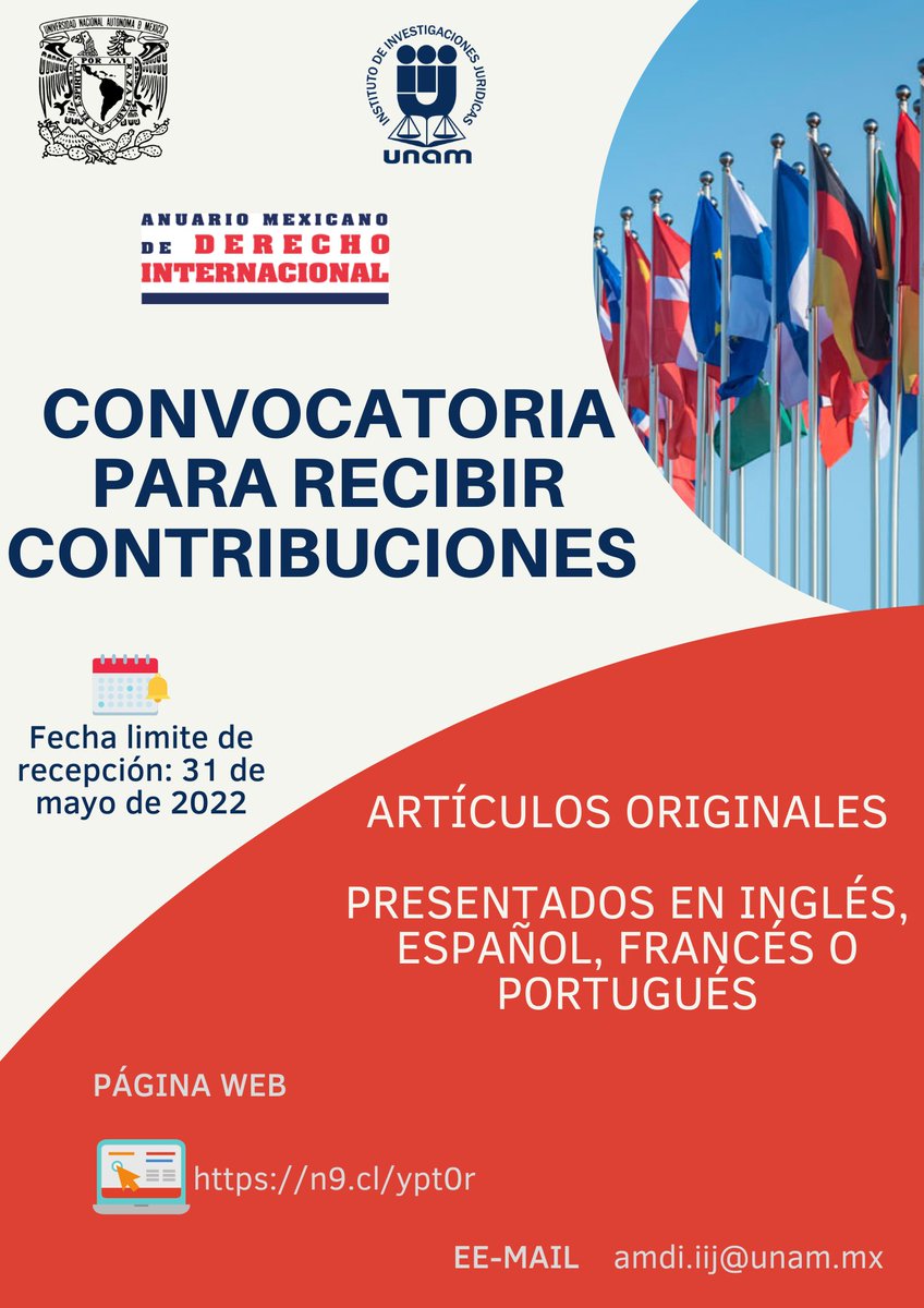 AMDI_UNAM's tweet photo. 📢Recepción de contribuciones para el volumen XXIII del AMDI
🔻Fecha límite de recepción: 31 de mayo de 2022
📖Secciones: Doctrina, Comentarios, Coyuntura internacional, La práctica internacional mexicana, Reseñas e In Memorian
Web https://t.co/suqx4SEyE4
e-mail amdi.iij@unam.mx https://t.co/52M7mv6Rhr