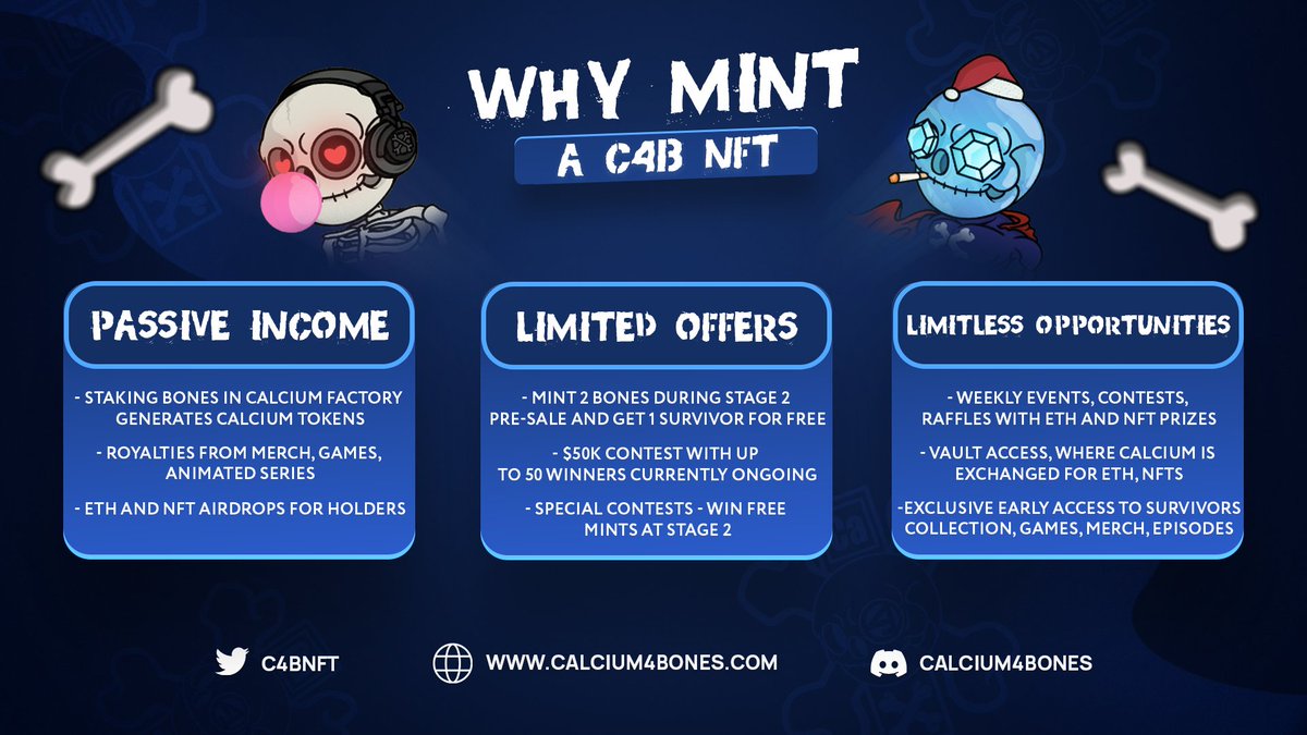 C4BNFT's tweet photo. ☠️This is why you should mint a Calcium 4 Bones NFT☠️

STAGE 2 PRESALE 
📅 : 31.03.2022 3:00 UTC

PUBLIC SALE
📅 : 01.04.2022 3:00 UTC

#NFT #NFTs #NFTCommunity #Calcium4Bones #STAGE2 https://t.co/lJLZcyrPkl